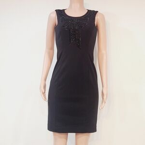 Alex Marie Black Cocktail Sequin & Beaded Bow Design Sheath Cocktail Dress Sz 2P